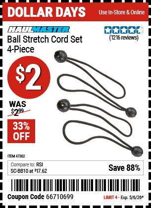 www.hfqpdb.com - HAUL-MASTER BALL STRETCH CORD SET, 4-PIECE Lot No. 47302/62838