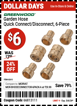www.hfqpdb.com - GREENWOOD GARDEN HOSE QUICK CONNECT/DISCONNECT, 6-PIECE Lot No. 62615
