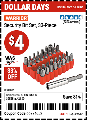 www.hfqpdb.com - WARRIOR SECURITY BIT SET, 33-PIECE Lot No. 68459