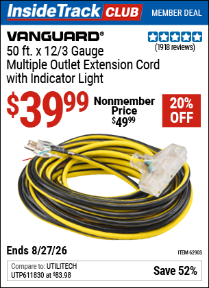 Harbor Freight VANGUARD 50 FT. X 12/3 GAUGE MULTIPLE OUTLET EXTENSION CORD WITH INDICATOR LIGHT, YELLOW, BLACK coupon