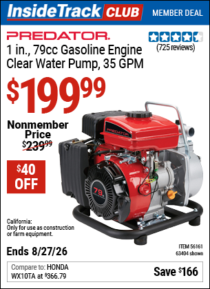 Harbor Freight PREDATOR 1 IN., 79CC GASOLINE ENGINE CLEAR WATER PUMP, 35 GPM coupon