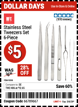 www.hfqpdb.com - HFT STAINLESS STEEL TWEEZERS SET, 6-PIECE Lot No. 93598