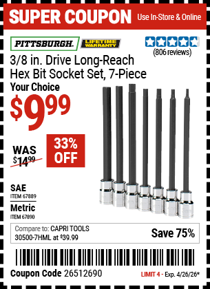 www.hfqpdb.com - PITTSBURGH 3/8 IN. DRIVE LONG-REACH HEX BIT SOCKET SET, 7-PIECE Lot No. 67889/67890