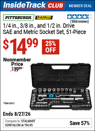 Harbor Freight PITTSBURGH 1/4 IN., 3/8 IN., 1/2 IN. DRIVE SAE AND METRIC SOCKET SET, 51-PIECE coupon