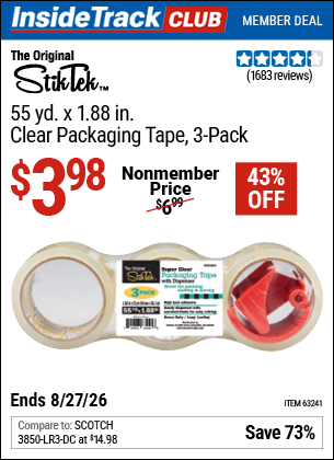 Harbor Freight STIKTEK 55 YD. X 1.88 IN. CLEAR PACKAGING TAPE, 3-PACK coupon