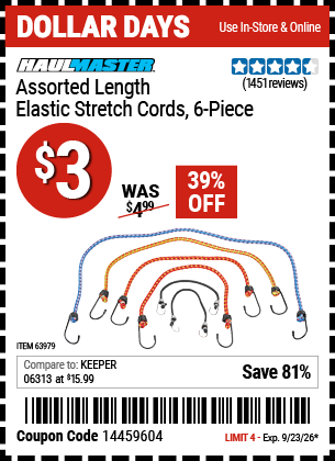 Harbor Freight HAUL-MASTER ASSORTED LENGTH ELASTIC STRETCH CORDS, 6-PIECE coupon
