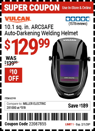 www.hfqpdb.com - VULCAN 10.1 SQ. IN. ARCSAFE AUTO-DARKENING WELDING HELMET Lot No. 63749