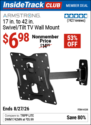 Harbor Freight ARMSTRONG 17 IN. TO 42 IN. SWIVEL/TILT TV WALL MOUNT coupon