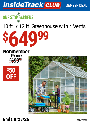 Harbor Freight ONE STOP GARDENS 10 FT. X 12 FT. GREENHOUSE WITH 4 VENTS coupon