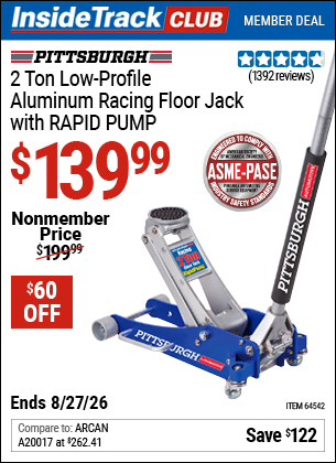 Harbor Freight PITTSBURGH 2 TON LOW-PROFILE ALUMINUM RACING FLOOR JACK WITH RAPID PUMP coupon