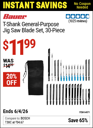 www.hfqpdb.com - BAUER T-SHANK GENERAL-PURPOSE JIG SAW BLADE SET, 30-PIECE Lot No. 64071