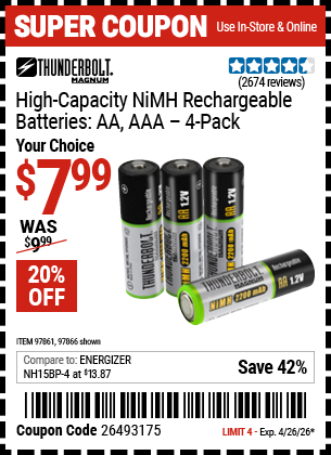 www.hfqpdb.com - THUNDERBOLT MAGNUM HIGH-CAPACITY NIMH RECHARGEABLE BATTERIES 4-PACK Lot No. 97861/97866