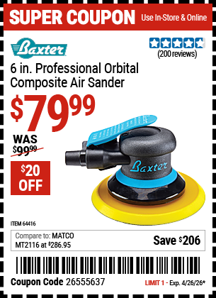 www.hfqpdb.com - BAXTER 6 IN. PROFESSIONAL ORBITAL COMPOSITE AIR SANDER Lot No. 64416