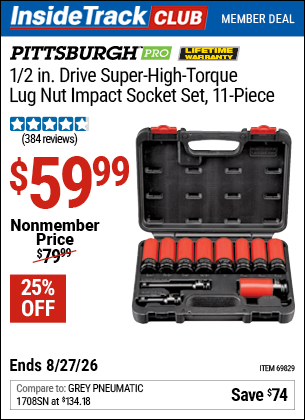 Harbor Freight PITTSBURGH PRO 1/2 IN. DRIVE SUPER-HIGH-TORQUE LUG NUT IMPACT SOCKET SET, 11-PIECE coupon