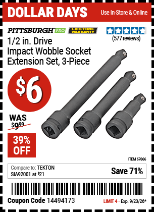 Harbor Freight PITTSBURGH PRO 1/2 IN. DRIVE IMPACT WOBBLE SOCKET EXTENSION SET, 3-PIECE coupon