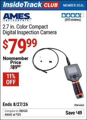 Harbor Freight AMES INSTRUMENTS 2.7 IN. COLOR COMPACT DIGITAL INSPECTION CAMERA coupon