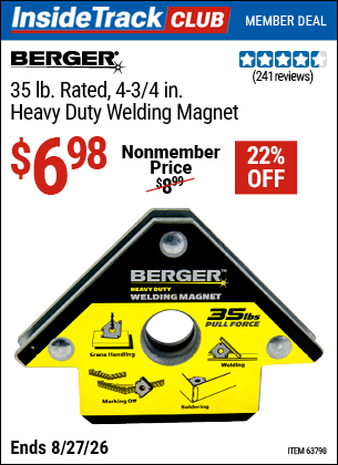 Harbor Freight BERGER 35 LB. RATED, 4-3/4 IN. HEAVY DUTY WELDING MAGNET coupon