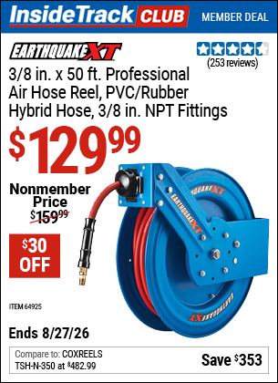 Harbor Freight EARTHQUAKE XT 3/8 IN. X 50 FT. INDUSTRIAL-GRADE AIR HOSE REEL coupon