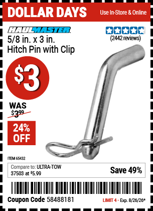 Harbor Freight HAUL-MASTER 5/8 IN. X 3 IN. HITCH PIN WITH CLIP coupon