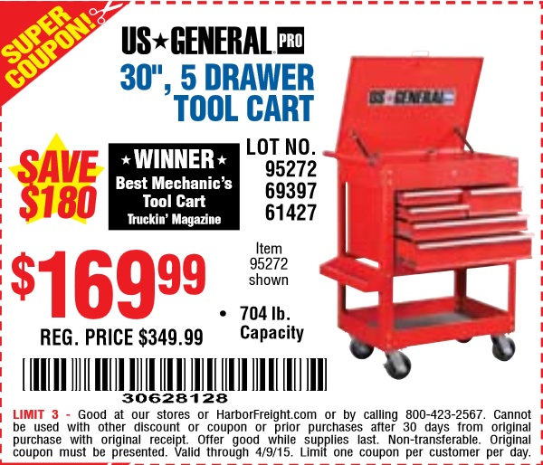 Harbor Freight Coupon 30in 5 Drawer Tool Cart Lot No. 95272/69397/61427