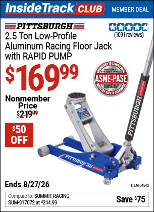 Harbor Freight PITTSBURGH 2.5 TON LOW-PROFILE ALUMINUM RACING FLOOR JACK WITH RAPID PUMP coupon