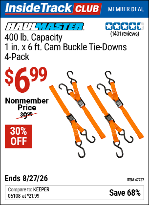 Harbor Freight HAUL-MASTER 400 LB. CAPACITY, 1 IN. X 6 FT. CAM BUCKLE TIE-DOWNS, 4-PACK coupon