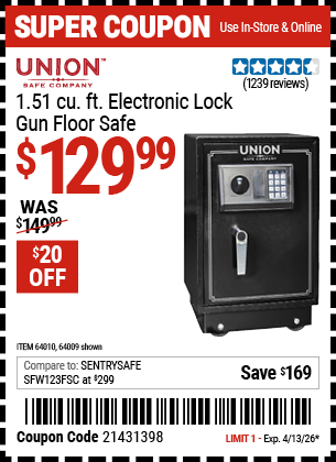 www.hfqpdb.com - UNION SAFE COMPANY 1.51 CU. FT. ELECTRONIC LOCK GUN FLOOR SAFE Lot No. 64009/64010