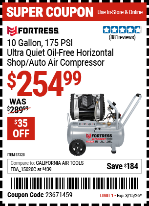 www.hfqpdb.com - FORTRESS 10 GALLON, 175 PSI ULTRA QUIET OIL-FREE HORIZONTAL SHOP/AUTO AIR COMPRESSOR Lot No. 57328