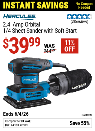 www.hfqpdb.com - HERCULES 2.4 AMP ORBITAL 1/4 SHEET SANDER WITH SOFT START Lot No. 56602