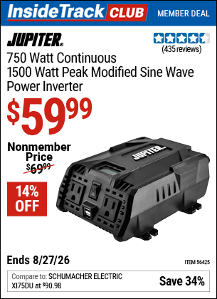 Harbor Freight JUPITER 750 WATT CONTINUOUS/1500 WATT PEAK MODIFIED SINE WAVE POWER INVERTER coupon