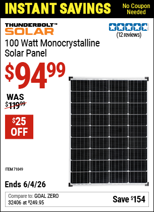 www.hfqpdb.com - THUNDERBOLT SOLAR 100 WATT MONOCRYSTALLINE SOLAR PANEL Lot No. 57325