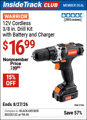 Harbor Freight WARRIOR 12V CORDLESS, 3/8 IN. DRILL KIT WITH BATTERY AND CHARGER coupon