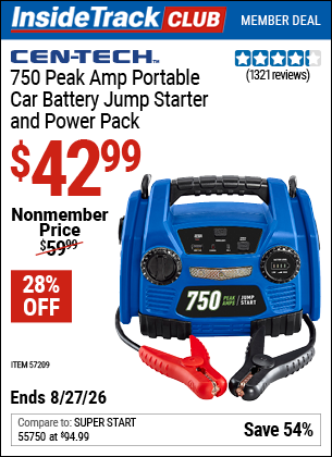 Harbor Freight CEN-TECH 750 PEAK AMP PORTABLE CAR BATTERY JUMP STARTER AND POWER PACK coupon