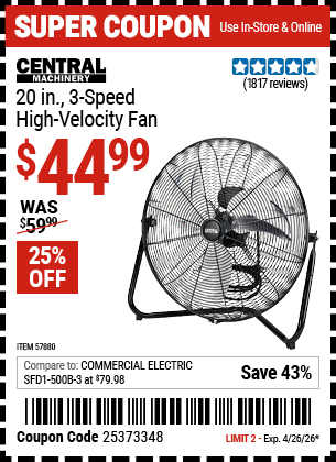 www.hfqpdb.com - CENTRAL MACHINERY 20 IN., 3-SPEED HIGH-VELOCITY FAN Lot No. 57880