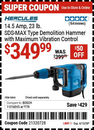 www.hfqpdb.com - HERCULES 14.5 AMP, 23 LB. SDS-MAX TYPE DEMOLITION HAMMER WITH MAXIMUM VIBRATION CONTROL Lot No. 56843