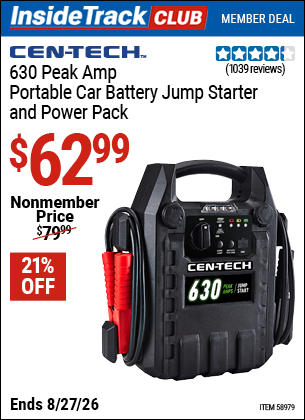 Harbor Freight CEN-TECH 630 PEAK AMP PORTABLE CAR BATTERY JUMP STARTER AND POWER PACK coupon