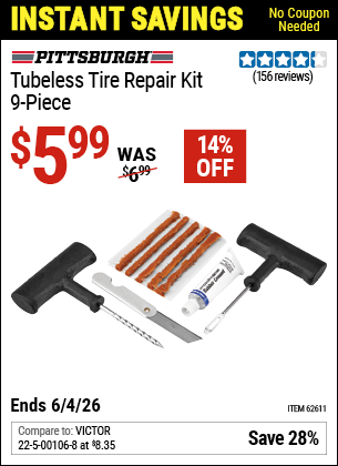 www.hfqpdb.com - PITTSBURGH TUBELESS TIRE REPAIR KIT, 9-PIECE Lot No. 62611