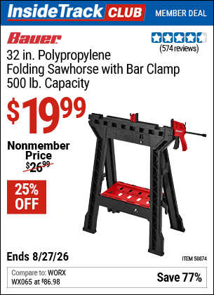 Harbor Freight BAUER 32 IN. POLYPROPYLENE FOLDING SAWHORSE WITH BAR CLAMP, 500 LB. CAPACITY coupon