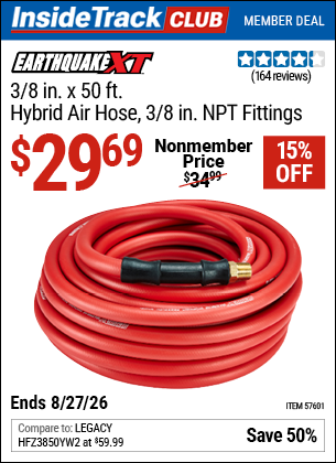 Harbor Freight EARTHQUAKE XT 3/8 IN. X 50 FT. HYBRID AIR HOSE, 3/8 IN. NPT FITTINGS coupon