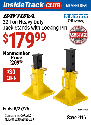 Harbor Freight DAYTONA 22 TON HEAVY DUTY JACK STANDS WITH LOCKING PIN, YELLOW coupon