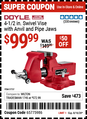 Harbor Freight DOYLE 4-1/2 IN. SWIVEL VISE WITH ANVIL AND PIPE JAWS coupon