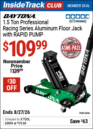 Harbor Freight DAYTONA 1.5 TON PROFESSIONAL RACING SERIES ALUMINUM FLOOR JACK WITH RAPID PUMP coupon