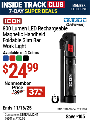 www.hfqpdb.com - ICON 800 LUMEN LED RECHARGEABLE MAGNETIC HANDHELD FOLDABLE SLIM BAR WORK LIGHT Lot No. 59103/71068/71073/71074
