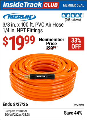 Harbor Freight MERLIN 3/8 IN. X 100 FT. PVC AIR HOSE, 1/4 IN. NPT FITTINGS coupon