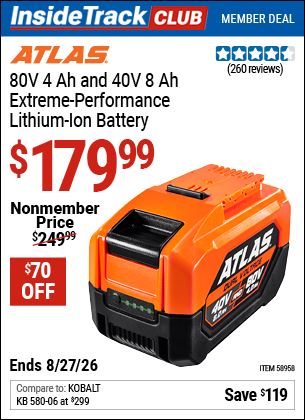 Harbor Freight ATLAS 80V 4 AH AND 40V 8 AH EXTREME-PERFORMANCE LITHIUM-ION BATTERY coupon