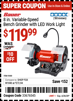 www.hfqpdb.com - BAUER 8 IN. VARIABLE-SPEED BENCH GRINDER WITH LED WORK LIGHT Lot No. 59300