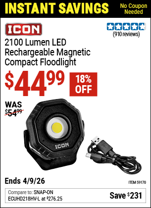 www.hfqpdb.com - ICON 2100 LUMEN LED RECHARGEABLE MAGNETIC COMPACT FLOODLIGHT, BLACK Lot No. 59170