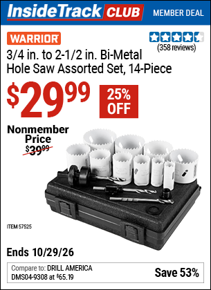 Harbor Freight WARRIOR 3/4 IN. TO 2-1/2 IN. BI-METAL HOLE SAW ASSORTED SET, 14-PIECE coupon