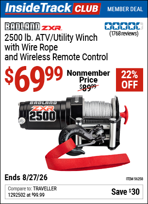 Harbor Freight BADLAND ZXR 2500 LB. ATV/UTILITY WINCH WITH WIRE ROPE AND WIRELESS REMOTE CONTROL coupon