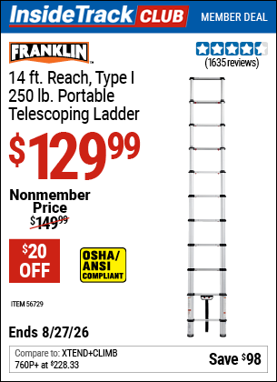 Harbor Freight FRANKLIN 14 FT. REACH, TYPE I, 250 LB. PORTABLE TELESCOPING LADDER coupon